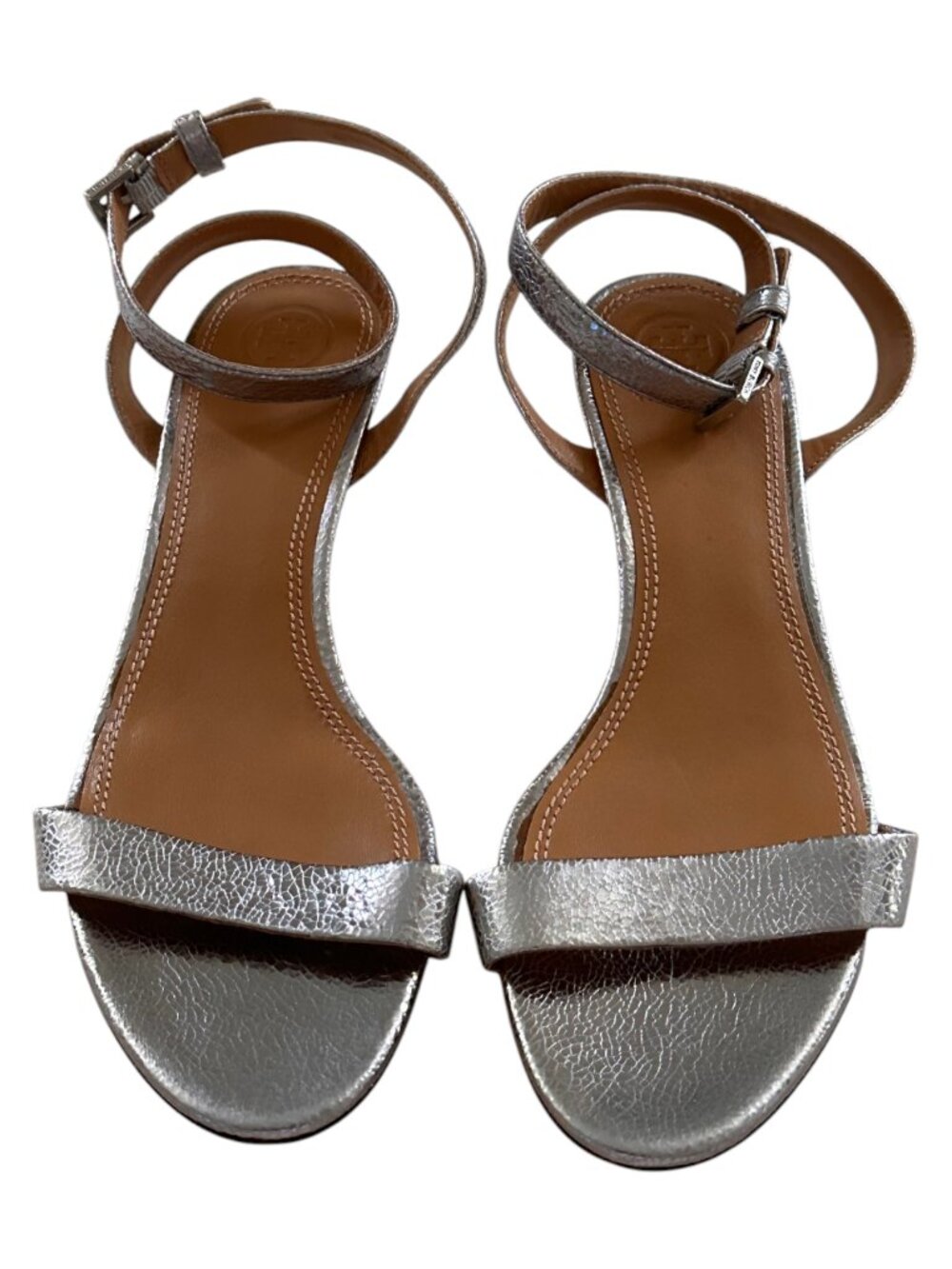 Tory Burch - Elana Silver Leather Kitten Heel Sandals - Size 8 - NWT